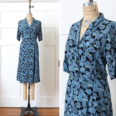 1940s style novelty print MCM owl dress • Loco Lindo womens rayon crepe dress 