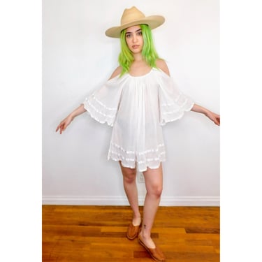 Gauze Mini Dress // vintage cotton boho hippie mini dress tunic hippy white blouse Mexican // O/S 