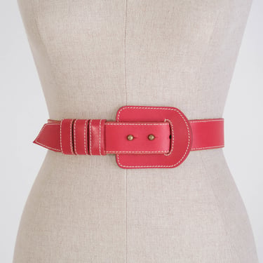 Vintage 80s Norma Kamali Lipstick Red Leather Belt w/ Leather Slide & Rivet Buckle | 100% Genuine Leather | 1980s OMO Designer Waist Belt 