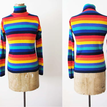 Vintage 70s Rainbow Stripe Turtleneck XS S - 1970s Colorful Stripe Knit Tall Mockneck Shirt 