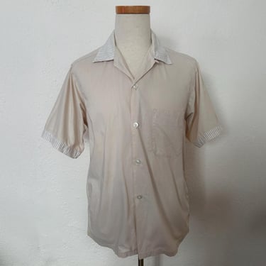 AS IS 1950s Tan and White Cotton Shirt by Sportswear | 50s Vintage Men's Short Sleeve Shirt w/ Striped Collar & Cuffs (S, M, 40 Chest) 