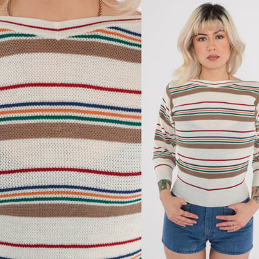 White Striped Sweater 70s Boatneck Sweater Boho Knit Sweater 1970s Vintage Boat Neck Pullover Taupe Red Yellow Extra Small xs 