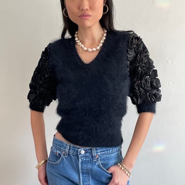 90s puff sleeve angora sweater / vintage black fuzzy angora contrast ribbon puff pouf sleeve luxe cropped sweater | Medium 