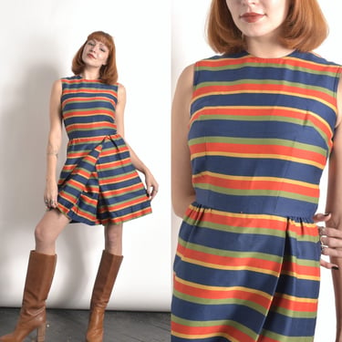 Vintage 1960s Dress / 60s Striped Cotton Skort Romper / Blue Green Orange ( small S ) 