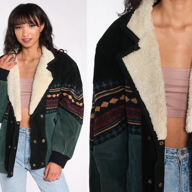 Suede Sherpa Jacket 80s Green LEATHER Sherpa Boho Southwestern Faux SHEARLING Coat Hippie Aztec 1980s Vintage Fleece Large 