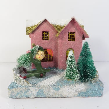 Vintage Glittered Elf Putz House - Made in Japan Glittered Putz House with Elf 