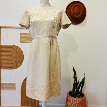 Vintage Handmade 1960s Cream Tapestry Bow Detail Short Sleeve Knee Length Dress 