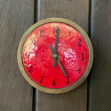 Robert Wuersch Red Enamel + Walnut Wall Clock Vintage Mid-Century Works! 