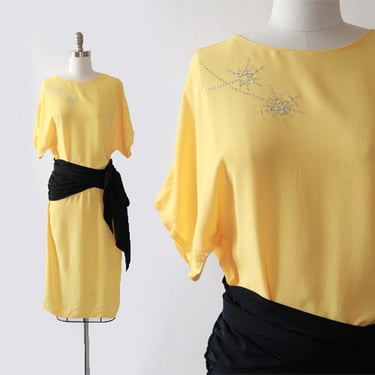 Vintage 90s 40s yellow rayon crepe dress 