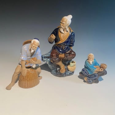 Vintage Chinese Ceramic/Clay Figurines Set of 3 Fishermans 