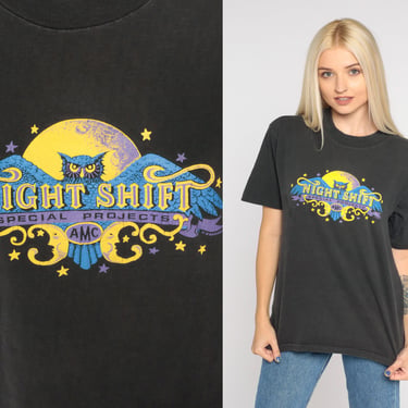 AMC Night Shift Shirt 90s Owl Graphic Tee Cosmic Screen Print Movie Theater Cinema T-Shirt Single Stitch Black Vintage 1990s Oneita Medium 