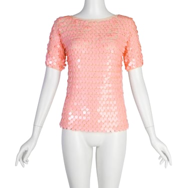 Anne Rubin Vintage 1960s Baby Pink Plastic Paillette Embellished Crochet Sweater