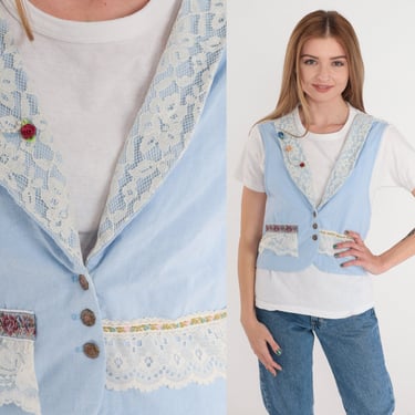 Attached Vest Top 90s Baby Blue Lace Trim Tshirt Button up Vest White Shirt Pearl Beaded Rosette Flower Ribbon Tee Vintage 1990s Small S 