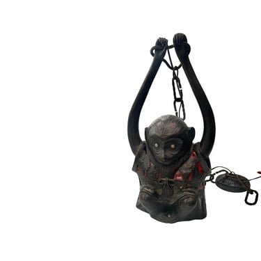 20th C. Bronze and Stained Glass Hanging Monkey Lamp 