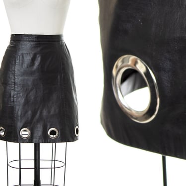 Vintage 1980s Skirt | 80s Black Genuine Leather Silver Metal Grommet Cutout High Waisted Fly B Girl Mini Pencil Skirt (small) 
