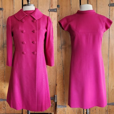 Vintage 60s Nina Ricci Paris Dress + Coat Set Hot Pink Fuschia M 