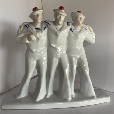French Art Deco Sailors on Leave Earthenware Ceramic Sculpture by Edouard Cazeaux 