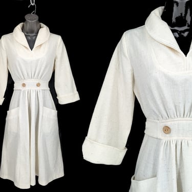 Vintage Seventies White Thick Knit Polyester Long Sleeve Belted Dress - 70s XS Cowl Neck 3/4 Sleeve Dress 