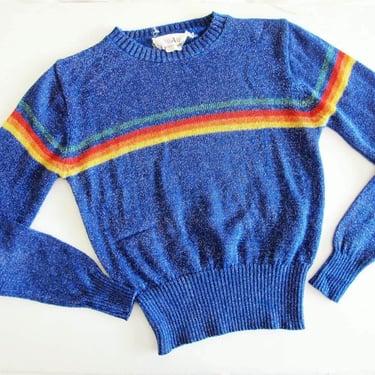 Vintage 70s Rainbow Sparkle Knit Top  XS S - 1970s Glitter Lurex Tinsel Blue Knit Pullover Jumper Retro Disco 