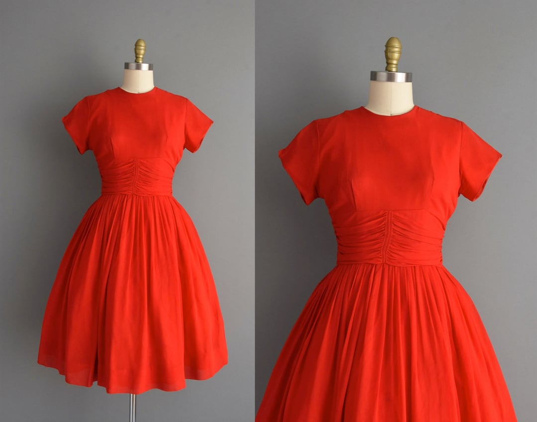 1950s dress Candy Apple Red Chiffon Full Skirt Shirtwaist Dress
