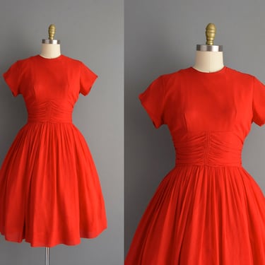 1950s dress | Candy Apple Red Chiffon Full Skirt Shirtwaist Dress | Medium | 50s vintage dress 
