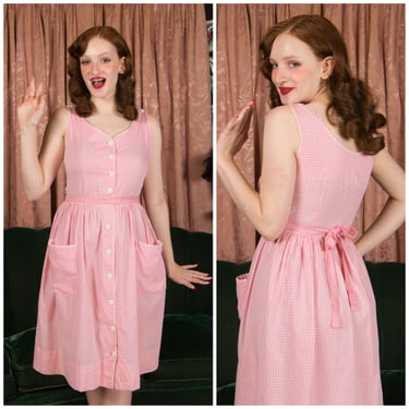 1950s Dress - Cutest Vintage 50s Pink Gingham Sun Dress with Pockets - Hi Barbi! 