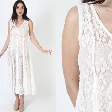 90s White Grunge Dress / Full Skirt Gypsy Wedding Dress / Vintage See Through Sheer Lace Maxi 