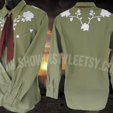 Vintage Retro Western Men's Cowboy & Rodeo Shirt by Daniel Cremieux, Olive Green with Embroidered White Roses, Approx. XL (see meas. photo) 