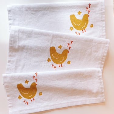 hand block printed table runner. chickens on white. boho decor. linen tablecloth. birthday or dinner party decor. gardening. chicks garden. 