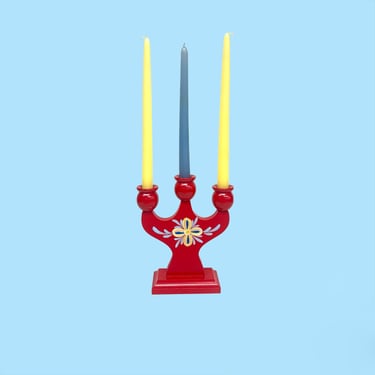 Vintage Candelabra Retro 1990 Swedish + Scandinavian + Hand Painted + Wood + Folk + Candlestick Holder + Home and Table Decor 