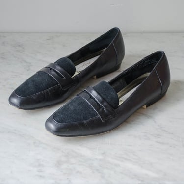 black suede flats | 80s 90s vintage black leather penny loafers US size 8 