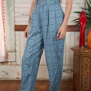 80s High Waist Trousers Blue Patterned Rayon Cotton Pleated Front Tapered Pants 