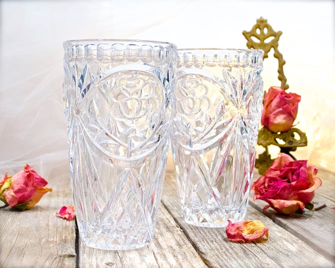 VINTAGE: 2pc Deep Cut Crystal Tumblers - Cups - Flower Cut - Beauty and Elegance - SKU 32-B-00032572 