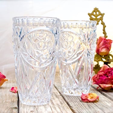 VINTAGE: 2pc Deep Cut Crystal Tumblers - Cups - Flower Cut - Beauty and Elegance - SKU 32-B-00032572 