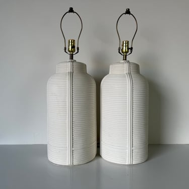 1980's Vintage White Matte Plaster Table Lamps  - A Pair 
