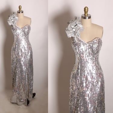 1980s Silver Metallic Sequin Ruffle One Shoulder Leg Split Full Length Formal Prom Dress by Flirtations -S 