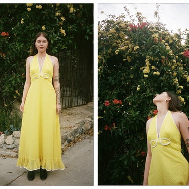 Vintage 1970s 70s Bright Yellow Swiss Dot Halter Neckline Maxi Dress Gown 