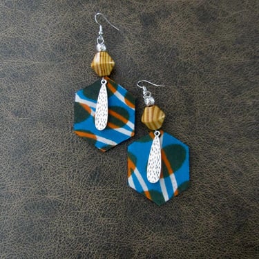 African print Ankara earrings, blue orange hexagon 