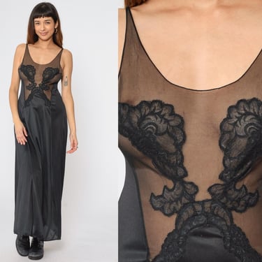 Lace Nightgown Black Slip Dress 80s Maxi LACE Boho Sheer