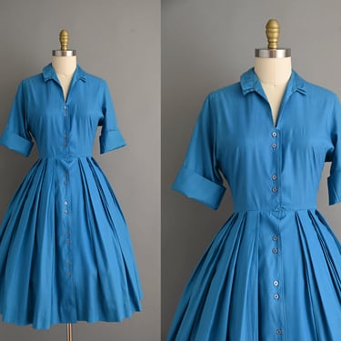 vintage 1950s Dress | Turquoise Blue Shirtwaist Cotton Full Skirt Dress | Medium Large 