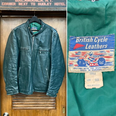 Vintage 1960’s Size XL “British Cycle” Green Cafe Racer Leather Jacket, 60’s Racing Jacket, Vintage Motorcycle Jacket, Vintage Clothing 