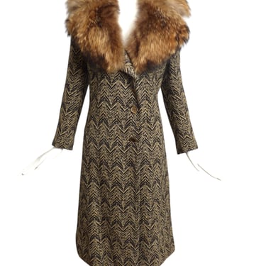 DONALD BROOKS- 1970s Wool Tweed & Fur Coat, Size 6