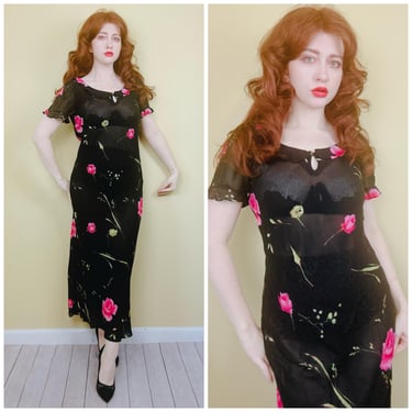 1990s Vintage Donna Rico Black Chiffon Sheer Dress / 90s Ruffled Sheer Pink Rose Bias Cut Gown / Size Medium 