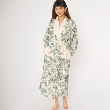 Vintage Victoria's Secret Satin Dressing Gown Women M/L Toile Print Robe Pastoral Scenic Black and Cream Jacquard Belted Long Medium Large 