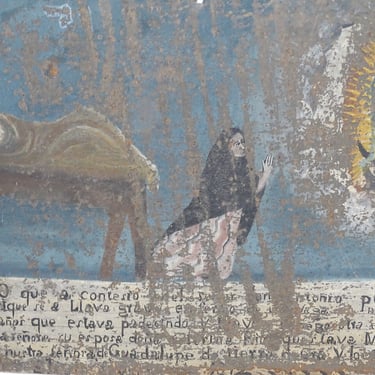 Antique Our Lady of Guadalupe Votive Original Painting on Tin, Madonna Retablo, Ex Voto Milagro, Vintage Religious Art 