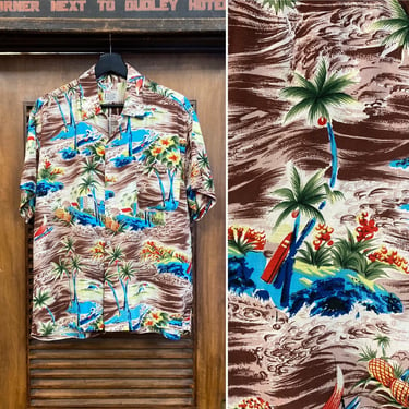 Vintage 1950’s “Sears” Tiki Tropical Loop Collar Rayon Hawaiian Shirt, 50’s Vintage Clothing 