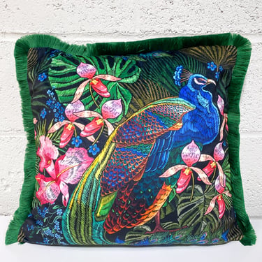 Peacock Pillow with Green Fringe