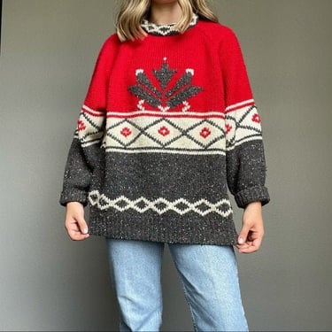 Vintage 90s Fair Isle Snowflake Nordic Style Oversized Striped Sweater Size Large 