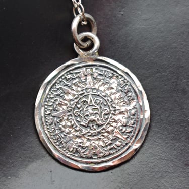 Small 90's sterling Mayan calendar pendant, Hecho en Mexico PNM 925 silver tribal necklace 