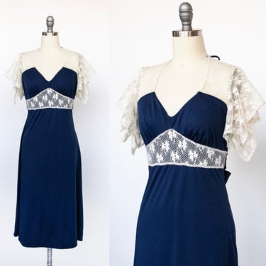 1970s Maxi Dress Lace Blue Knit S 
